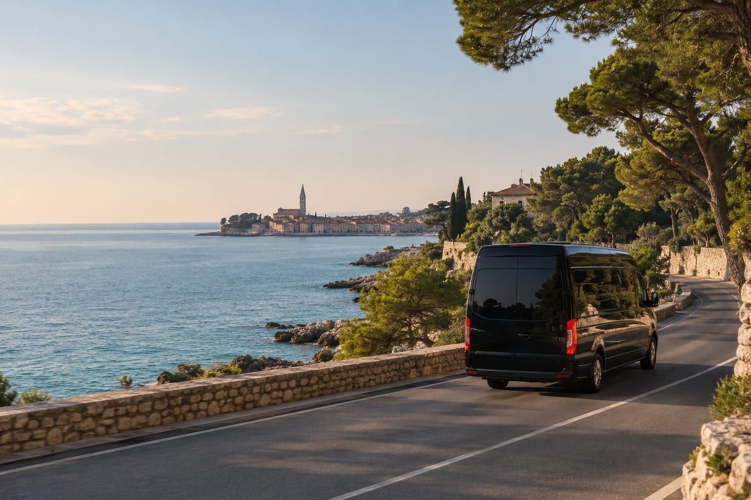Minibus nero lungo la strada costiera dell'Istria, con il mare e un borgo sullo sfondo
