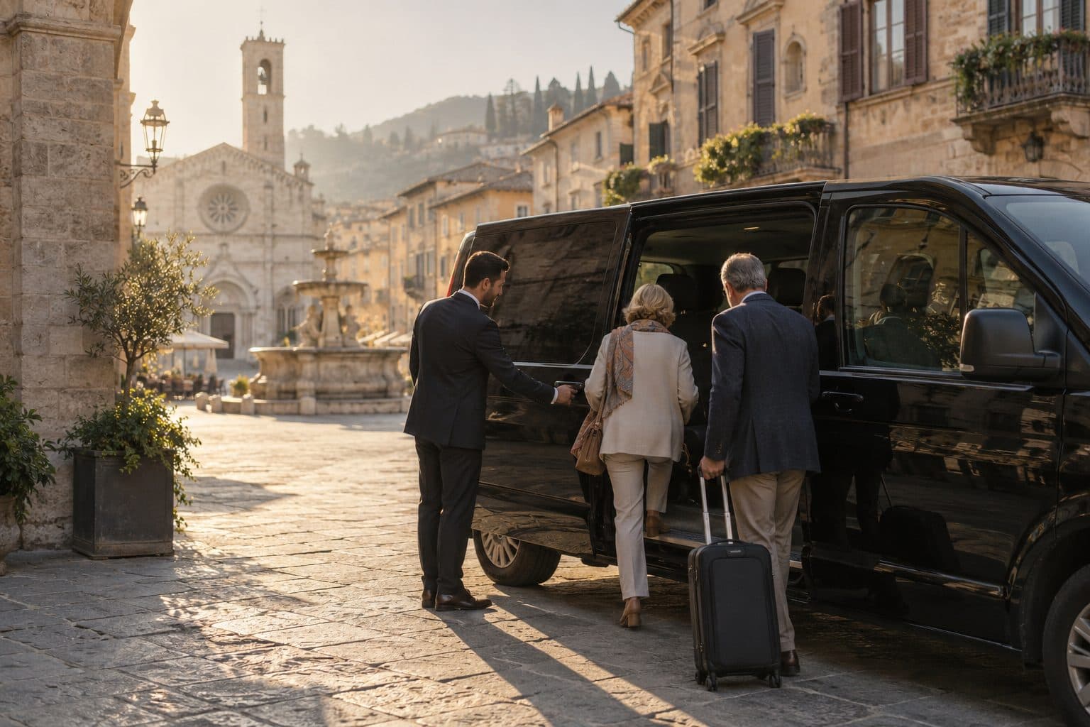 Passeggeri che salgono sul minibus nella piazza