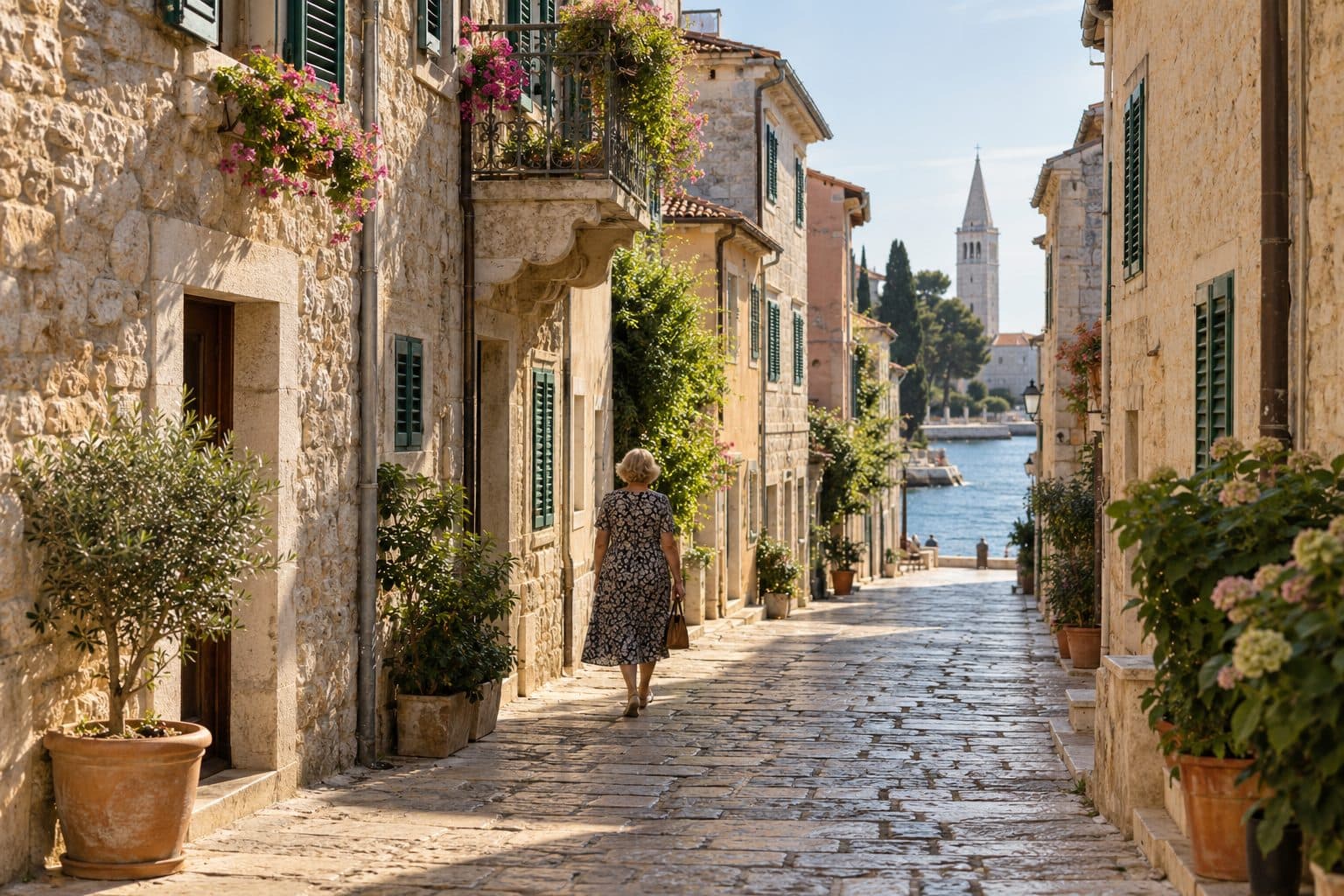 Una via in pietra del centro storico di Poreč al mattino